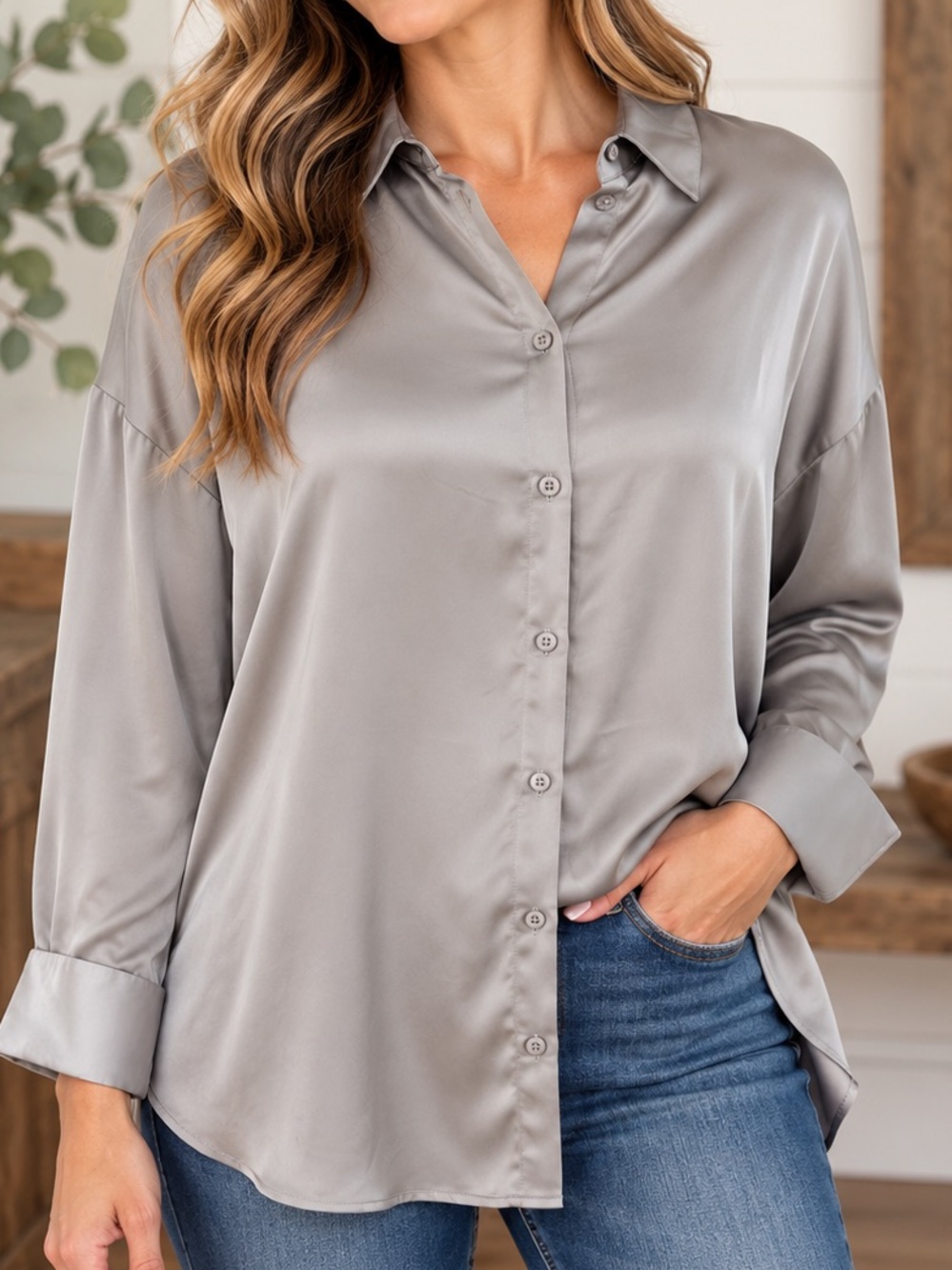 Express Satin Button-Up Blouse in Light Gray